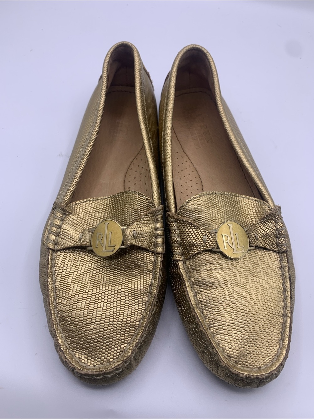 Lauren Ralph Lauren Carley Wome Metallic Gold Leather Driving Moccasins Size 7 B